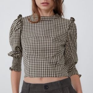 NWT ZARA Woman Multicolor GINGHAM TOP TRF Ruffled Button Long Sleeve Size M 6644
